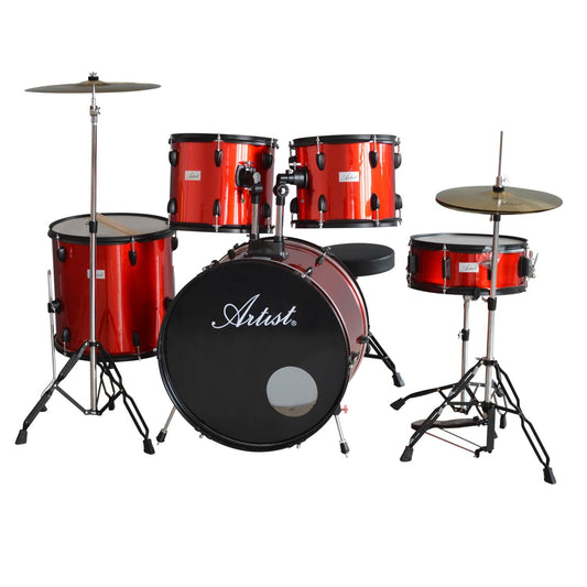 Beginner Standard 5 Piece Rock Drum Kit Set-up + Cymbals, Hardware and Stool