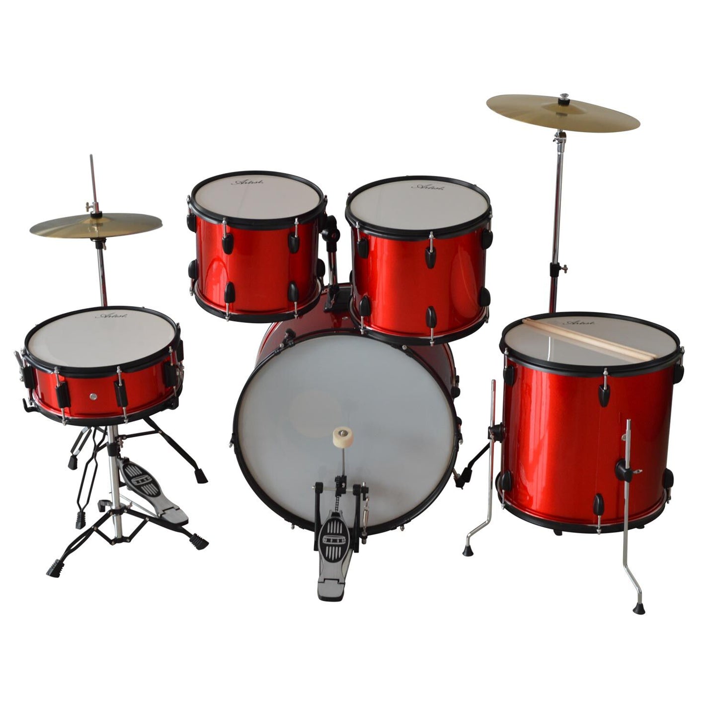 Beginner Standard 5 Piece Rock Drum Kit Set-up + Cymbals, Hardware and Stool