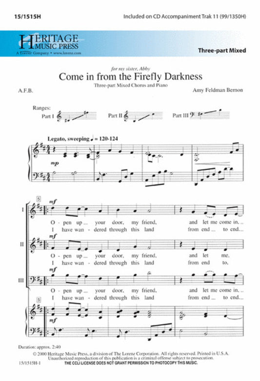 Come In From The Firefly Darkness 3 Part Mixed Vocal Sheet Music