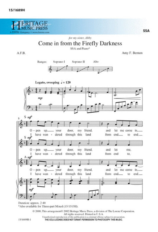 Come In From The Firefly Darkness SSA Vocal Sheet Music