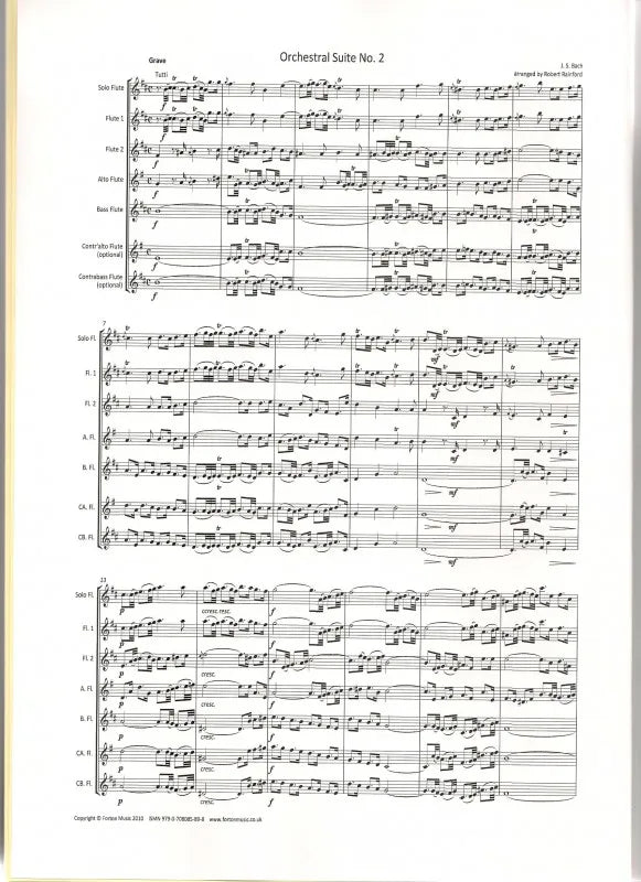 Johann Sebastian Bach: Orchestral Suite no 2 - Solo Flute with Flute Ensemble Sheet Music