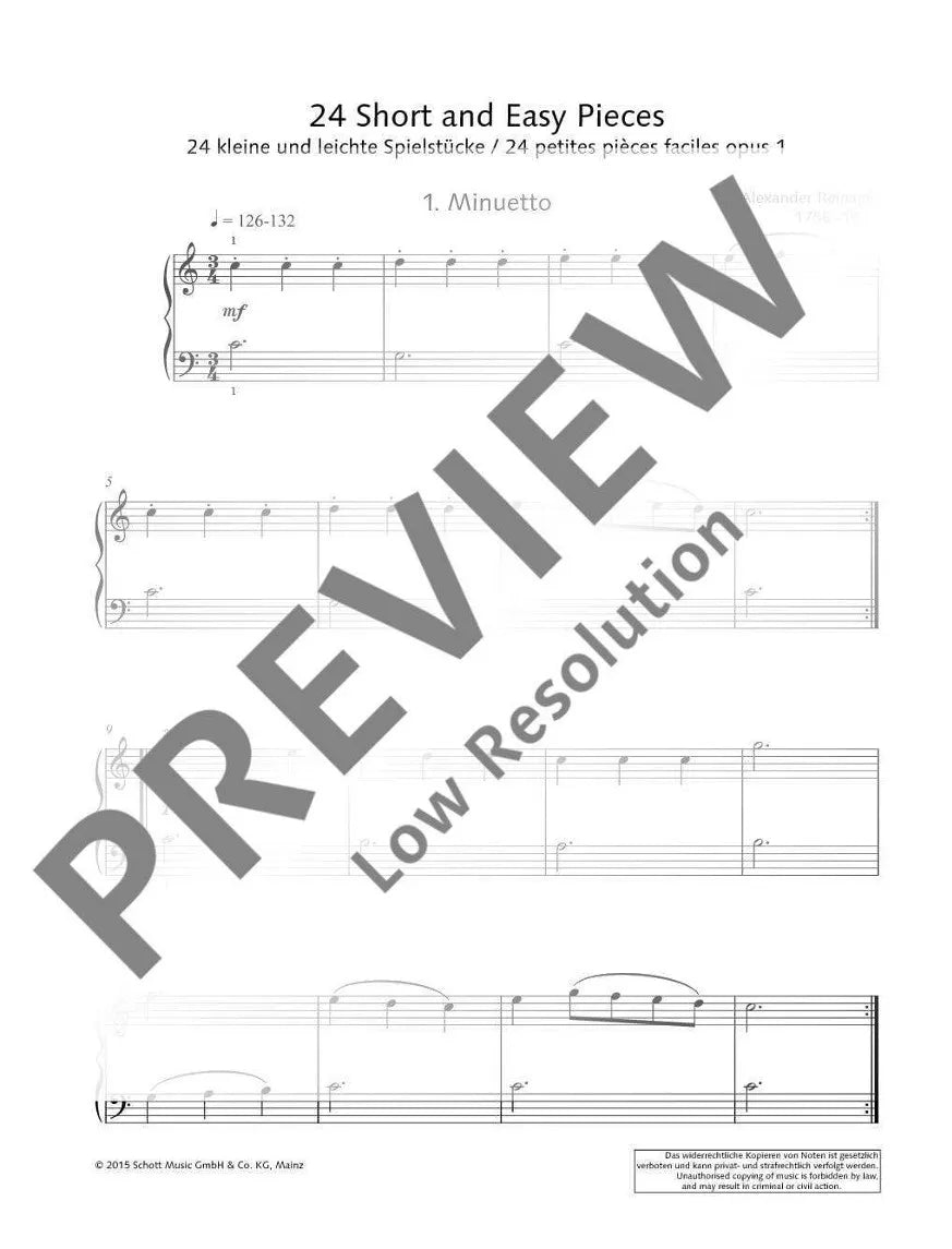 Alexander Reinagle - 24 Short and Easy Pieces for Piano Op. 1 Book
