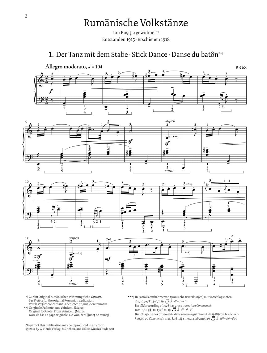 Bartok - Romanian Folk Dances Piano Urtext Edition Book
