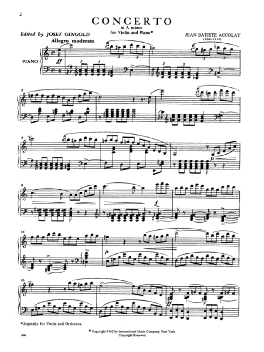 Jean Batiste Accolay - Concerto No. 1 in A Minor for Violin and Piano Book