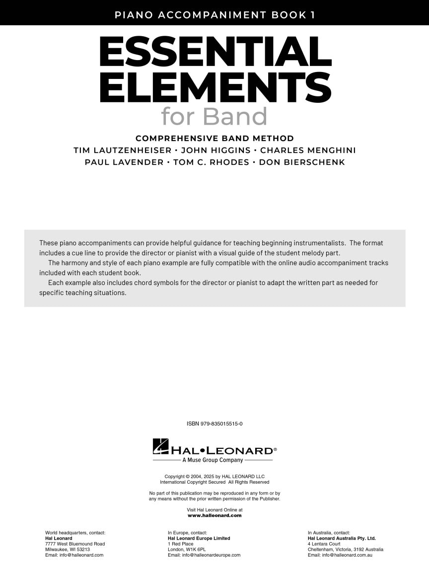 Essential Elements For Band Piano Accompaniment Book 1 (New 2025 Release)
