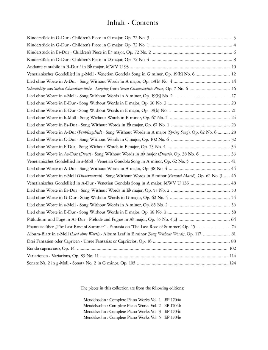 Edition Peters -Mendelssohn Masterpieces for Piano Solo Book (32 Pieces)
