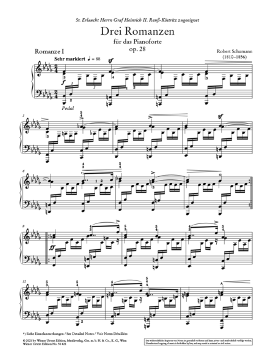 Robert Schumann - 3 Romances Op 28 For Piano Book