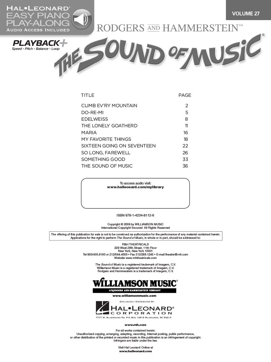 Sound Of Music - Easy Piano Play Along Volume 27 Book/Audio (10 Favourites)
