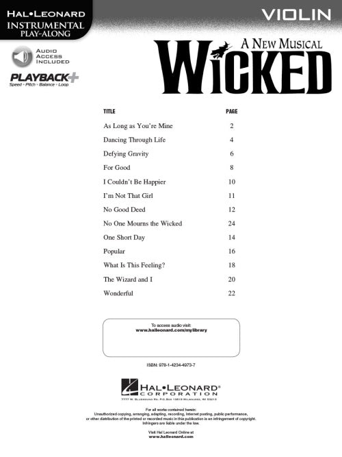 Wicked - A New Musical Violin Play Along Book with Audio (13 Songs)