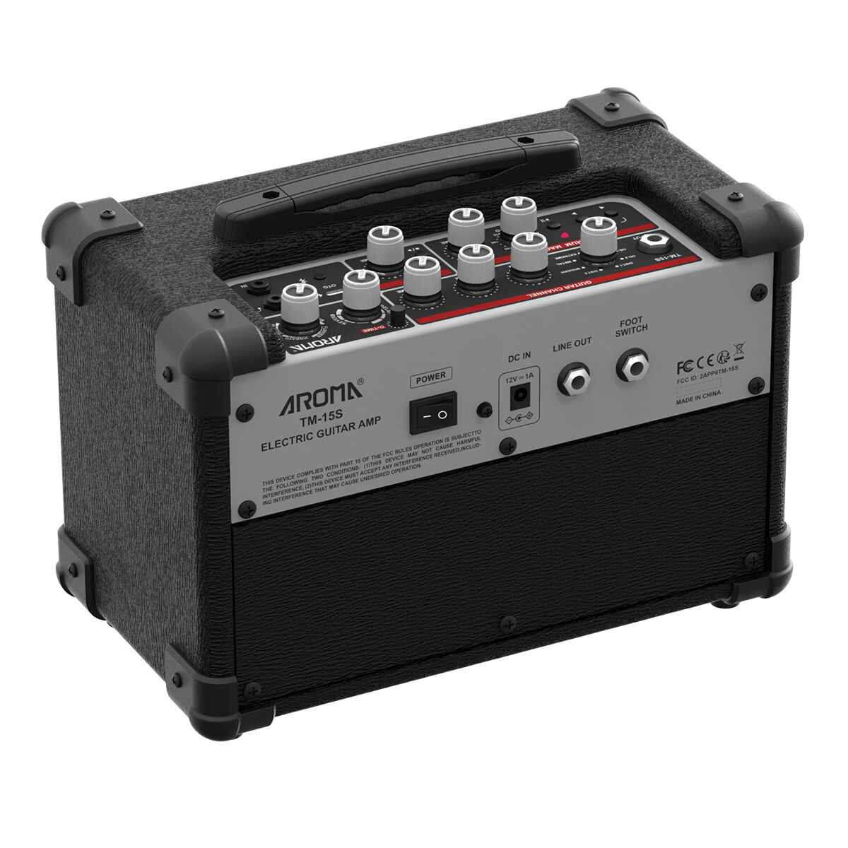 Aroma 15W Black Electric Guitar Amplifier with Footswitch and Drum Machine