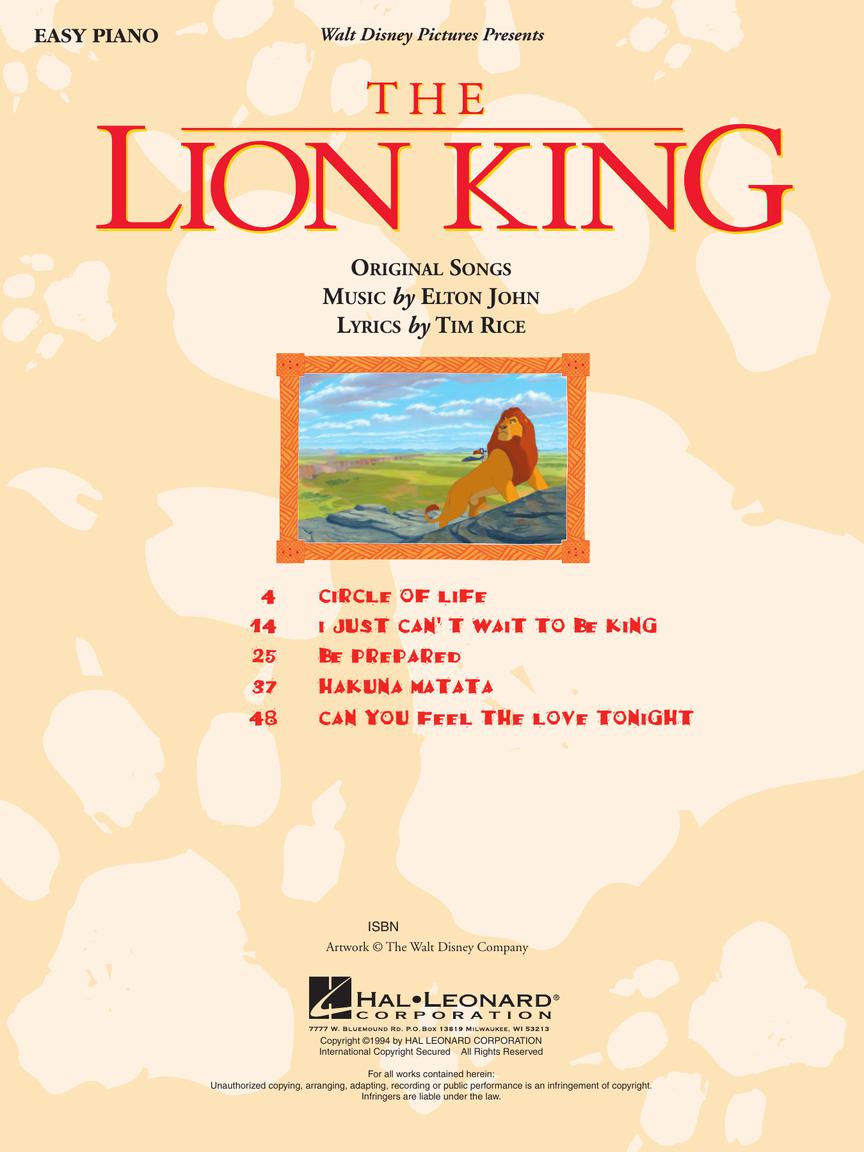 The Lion King Vocal Selections Easy Piano Book