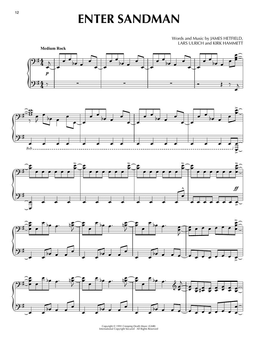 Metallica for Piano Songbook - New Release (12 Hit Songs)