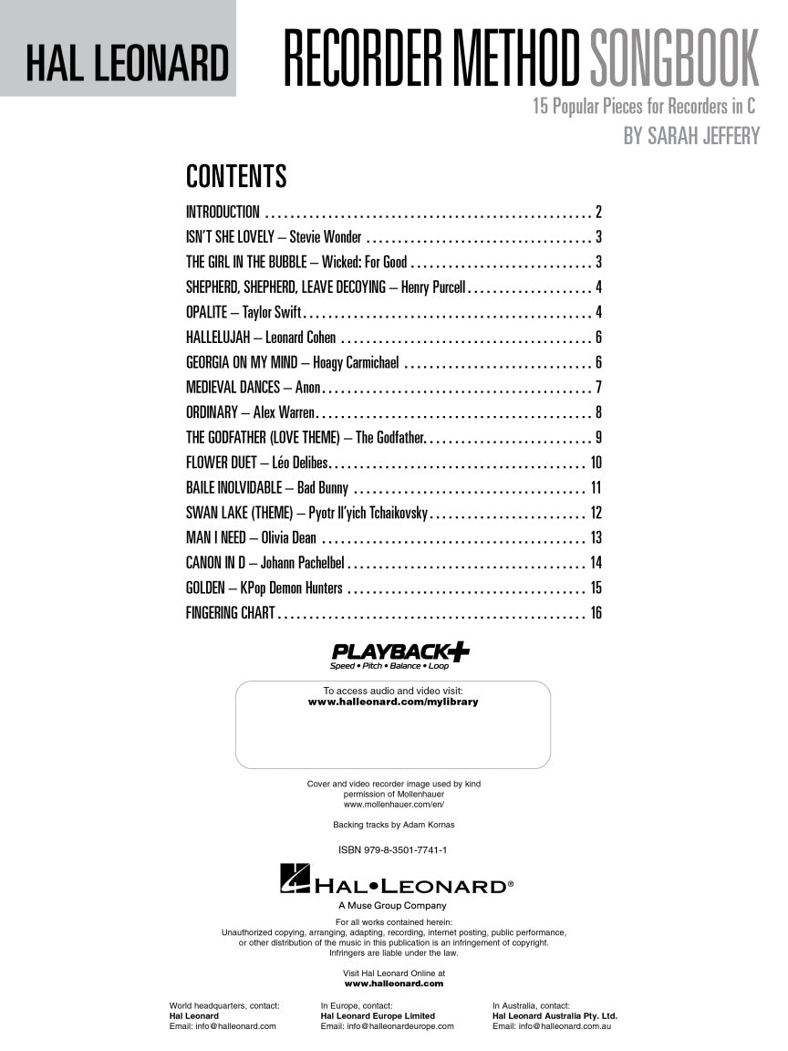 Hal Leonard Recorder Method Songbook - Book/Audio/Video NEW 2026 (15 Popular Songs for C Recorder)