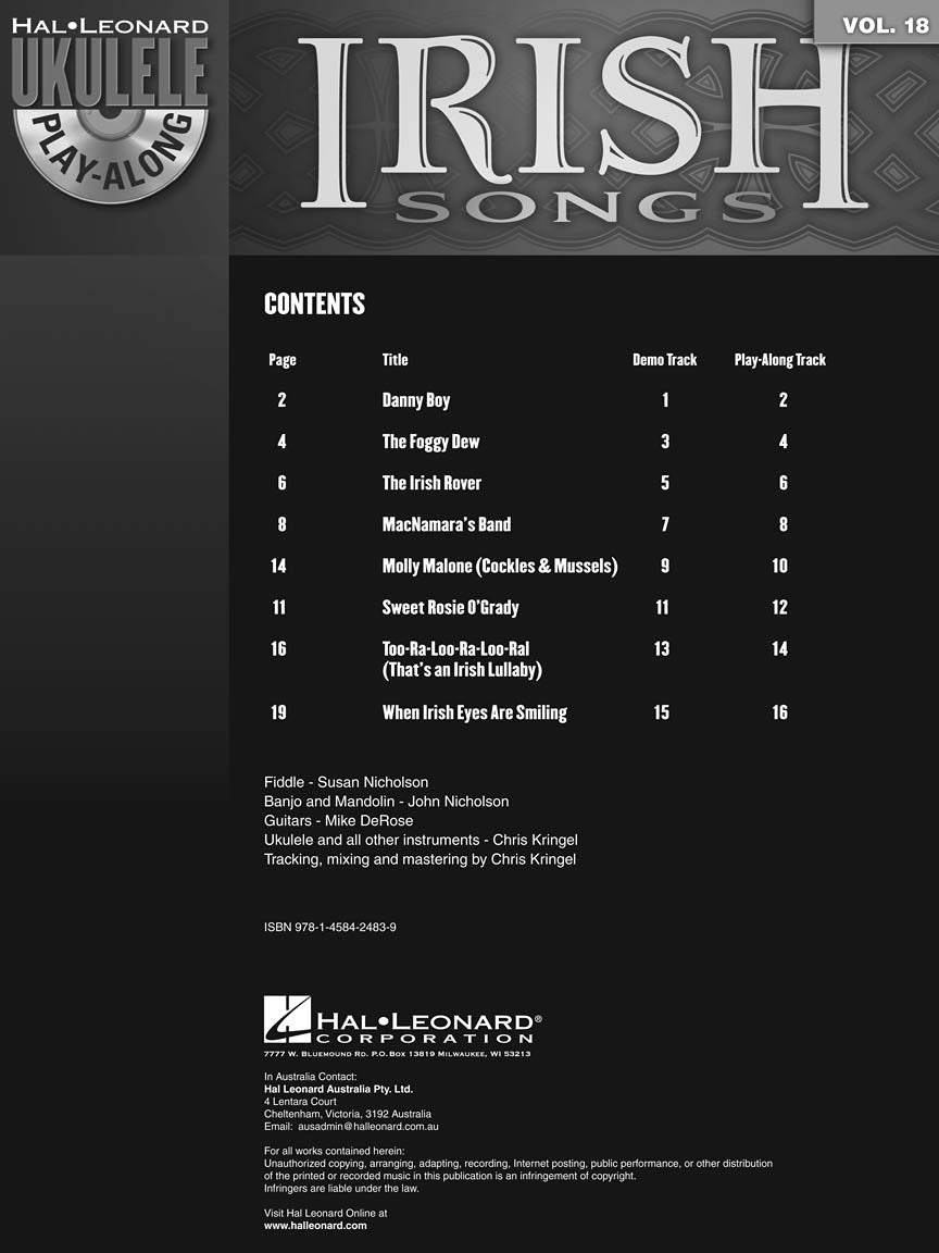Irish Songs Ukulele Play Along Volume 18 Book/Audio (8 Classic Irish Songs)