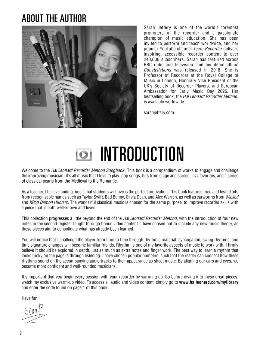Hal Leonard Recorder Method Songbook - Book/Audio/Video NEW 2026 (15 Popular Songs for C Recorder)