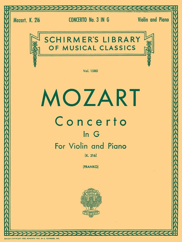 Mozart - Concerto No 3 G Major K 216 Violin/Piano Book