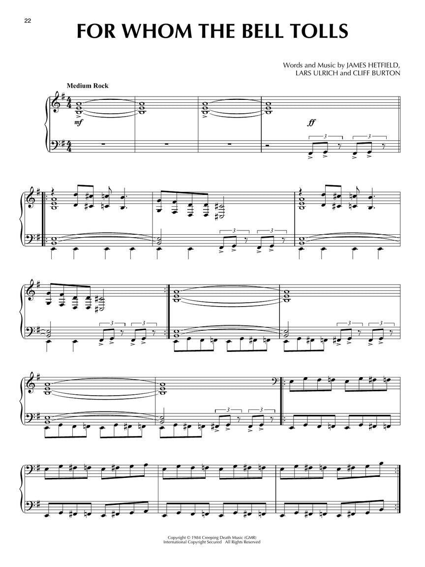 Metallica for Piano Songbook - New Release (12 Hit Songs)