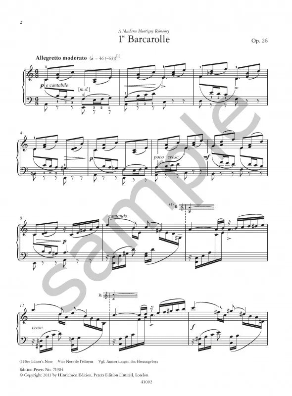 Gabriel Faure - Barcarolles For Piano Solo Book (Urtext Edition)