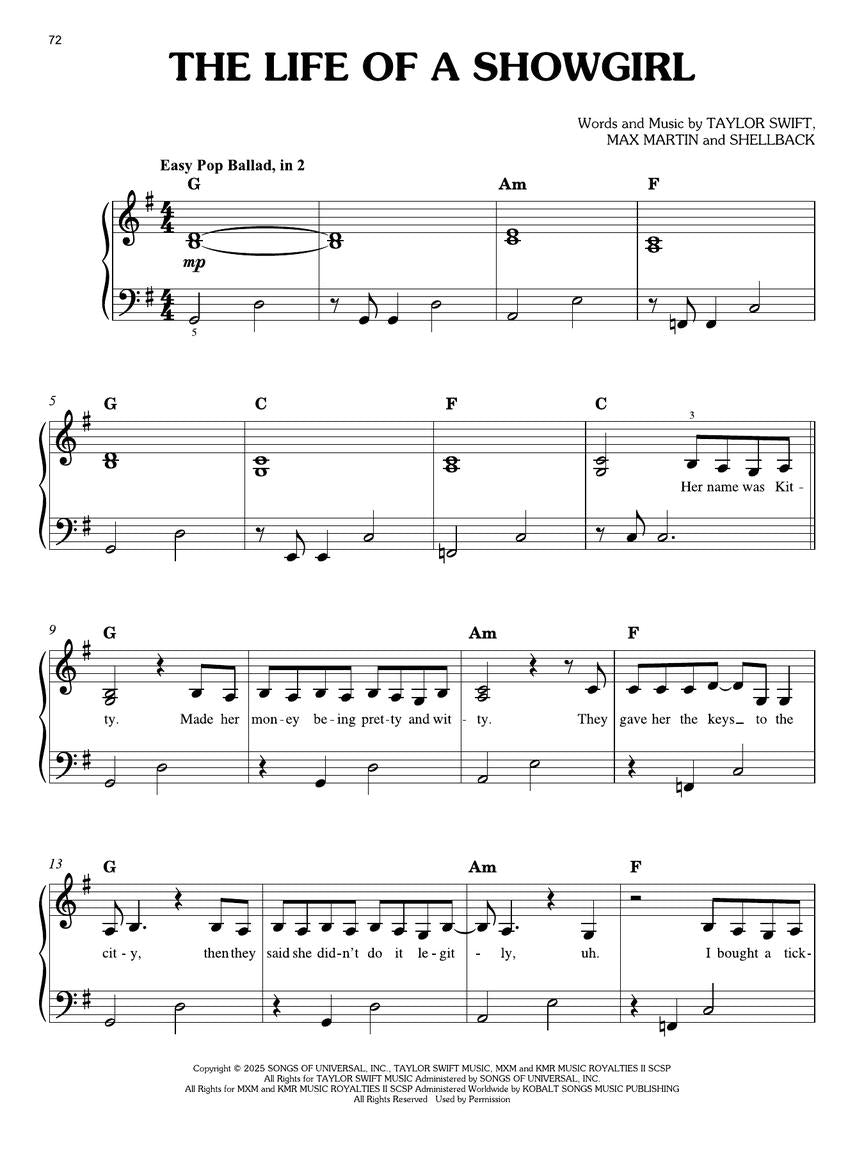 Taylor Swift - The Life Of A Showgirl Easy Piano Songbook (12 Hit Songs)