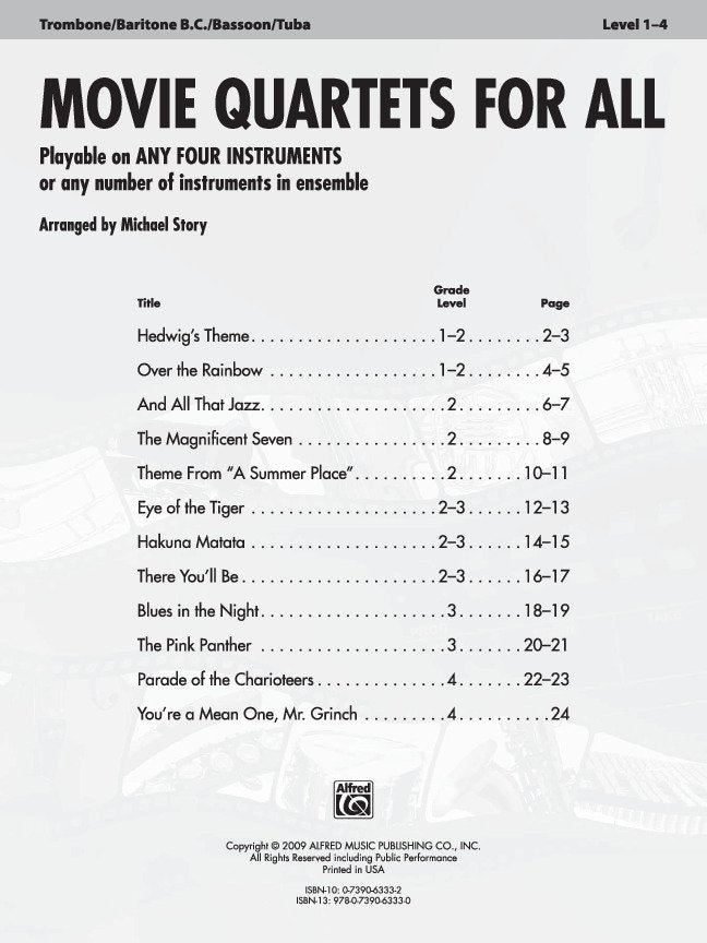 Movie Quartets For All Trombone/Baritone Bc/Bassoon/Tuba - Alfred Music - Image 2
