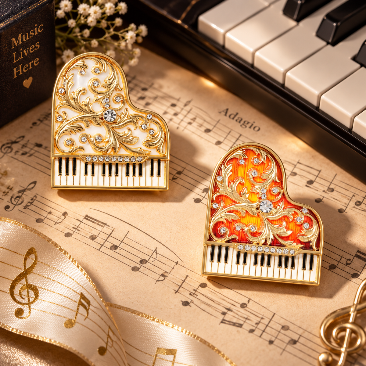 Sundry & Sound Co - Gold and White Rhinestone Piano Brooch