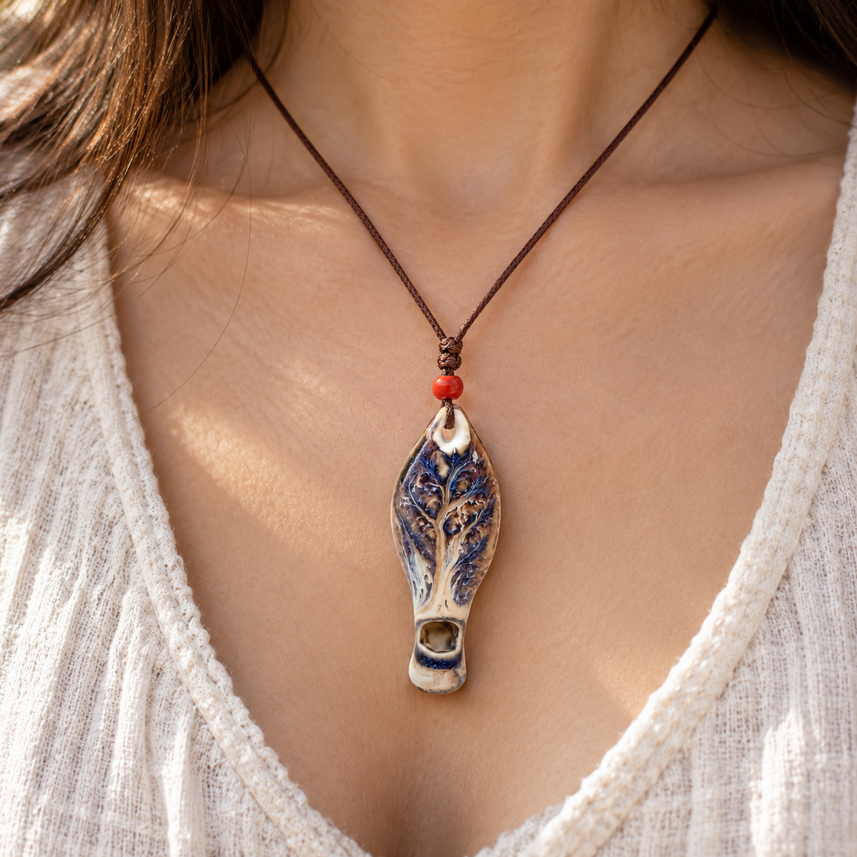 Mini Ceramic Leaf Whistle Pendant with Neck Cord and Pouch