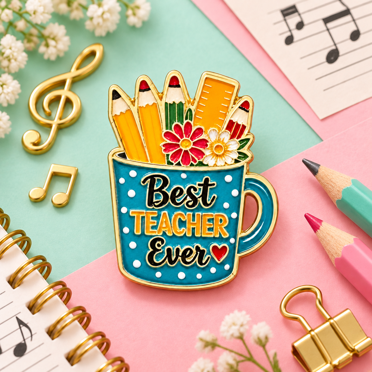 Sundry & Sound Co- Best Teacher Ever Mug & Red Apple Enamel Pin – 2 Piece Gift Set