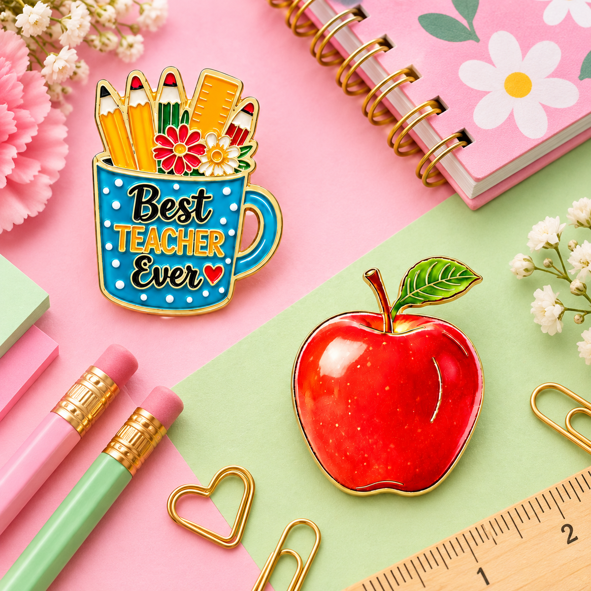 Sundry & Sound Co- Best Teacher Ever Mug & Red Apple Enamel Pin – 2 Piece Gift Set