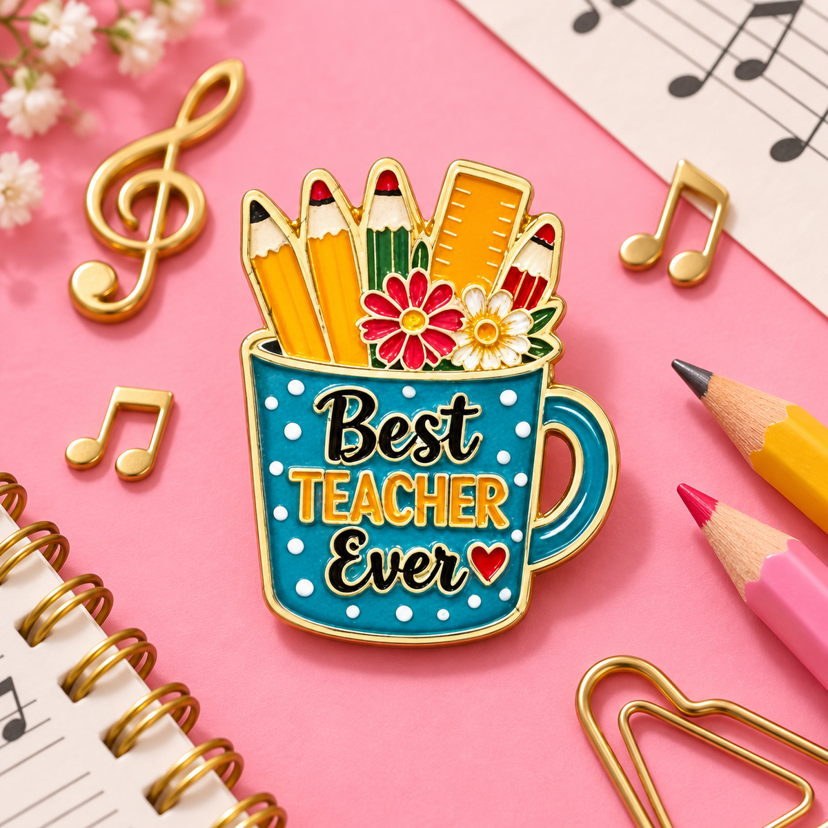 Sundry & Sound Co- Best Teacher Ever Mug & Red Apple Enamel Pin – 2 Piece Gift Set