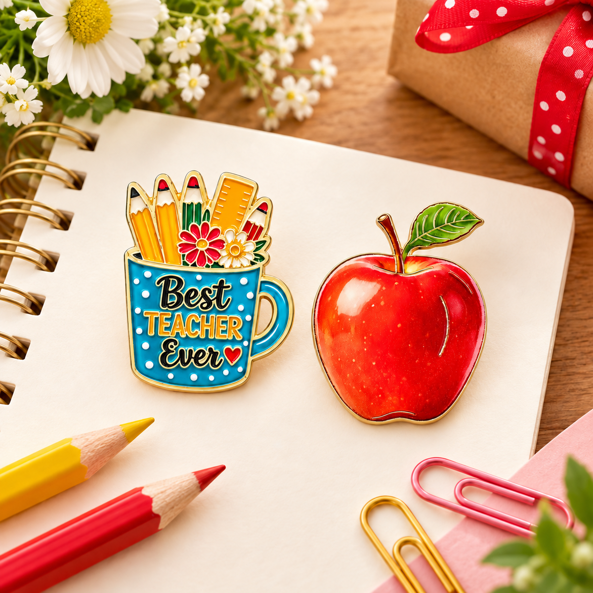 Sundry & Sound Co- Best Teacher Ever Mug & Red Apple Enamel Pin – 2 Piece Gift Set