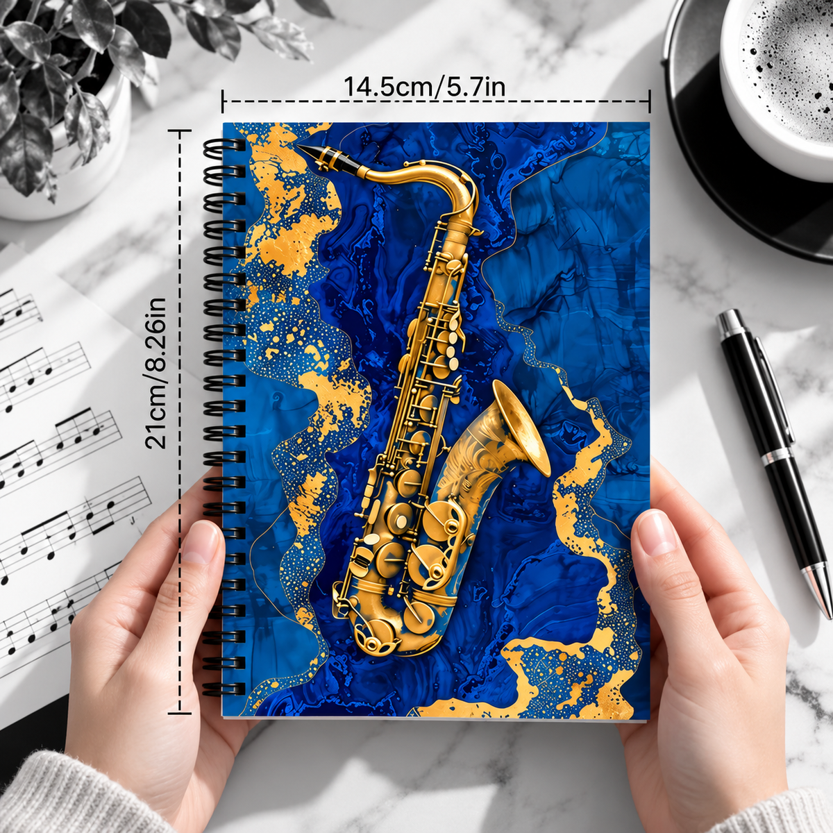 A5 Blue & Gold Marble Saxophone Spiral Notebook (100 Pages)
