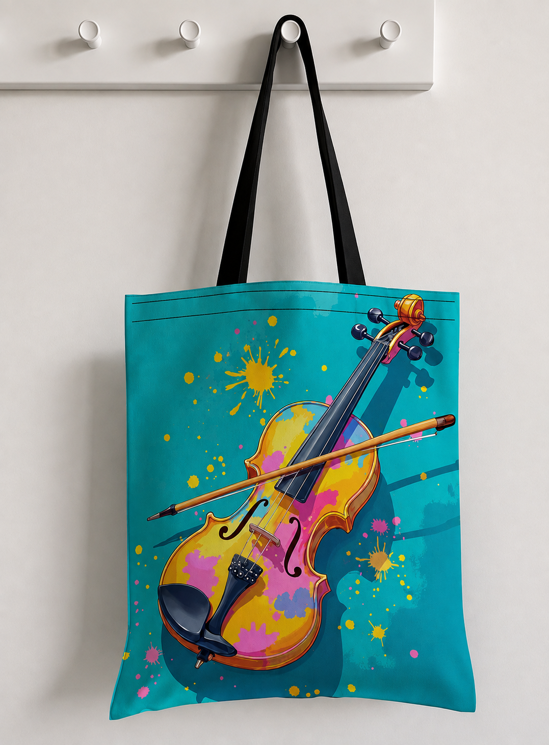 Colour Splash Violin Teal Polyester Burlap Tote Bag (40cm x 35cm)