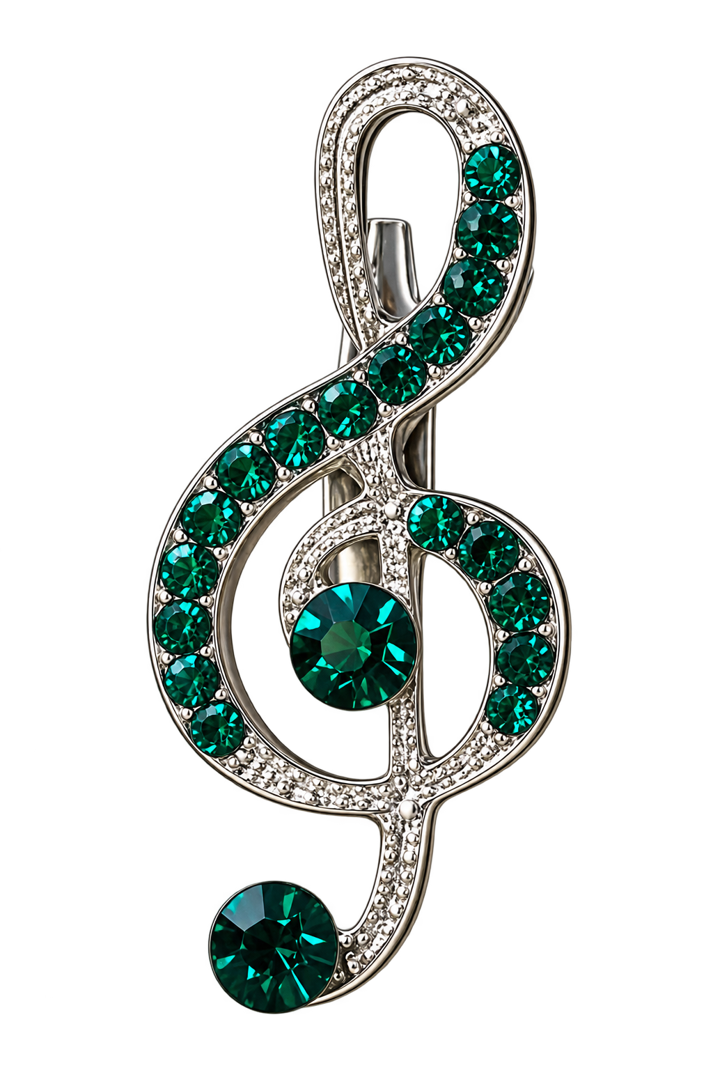 Silver Treble Clef Pin with Emerald Green Rhinestones