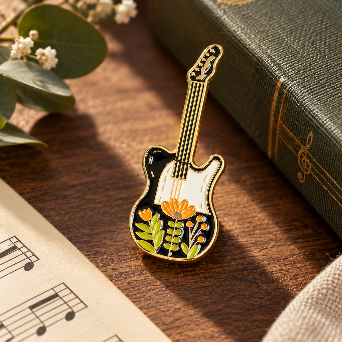 Vintage Floral Enamel Guitar Pin
