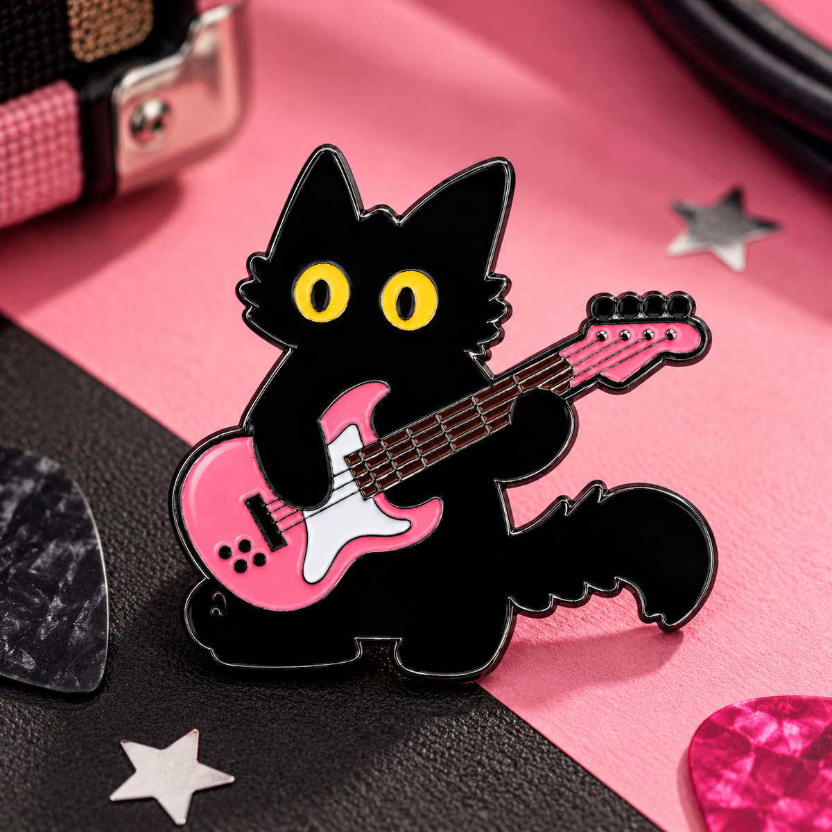 Black Cat Pink Electric- Enamel Guitar Pin