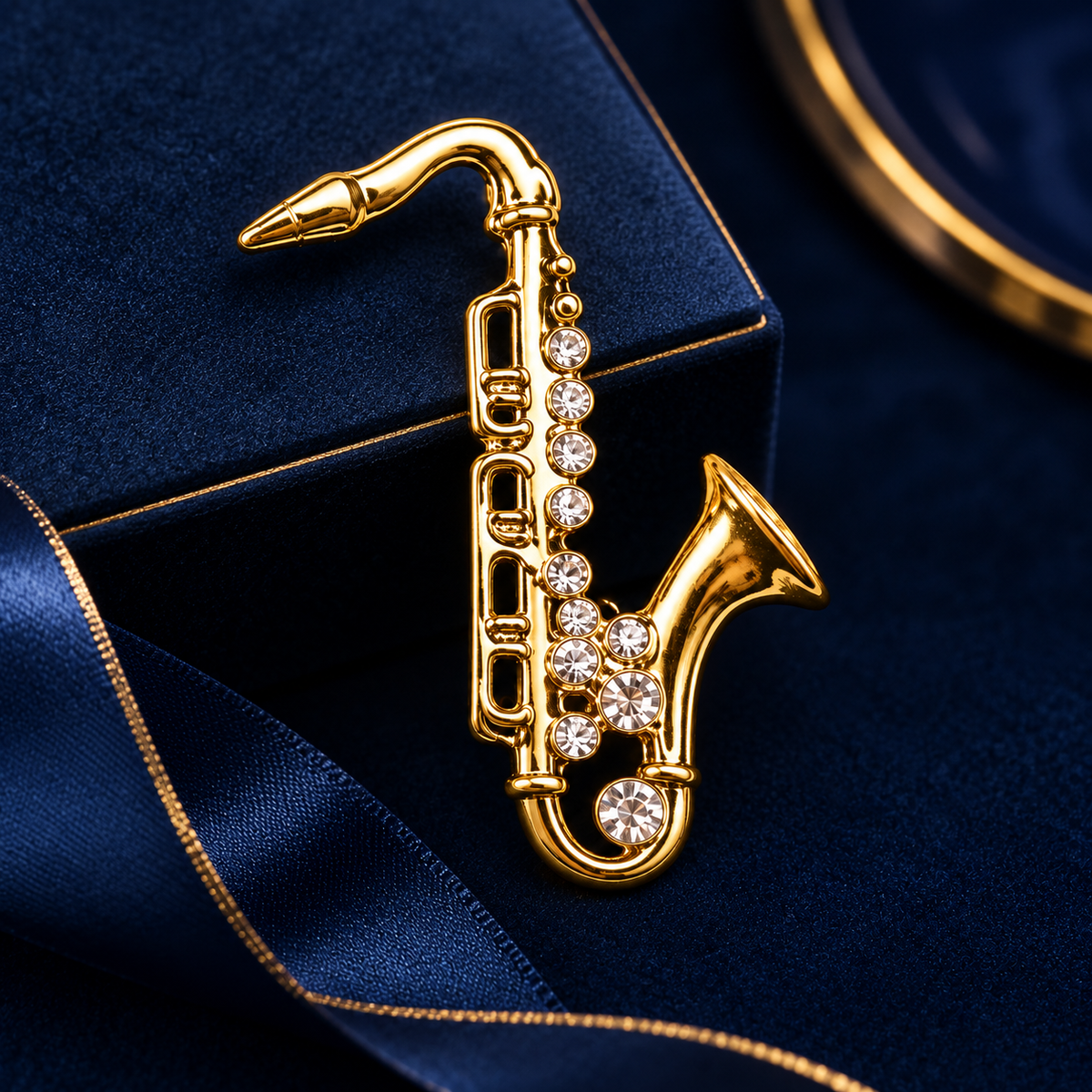 Gold Alto Saxophone Pin with Rhinestones