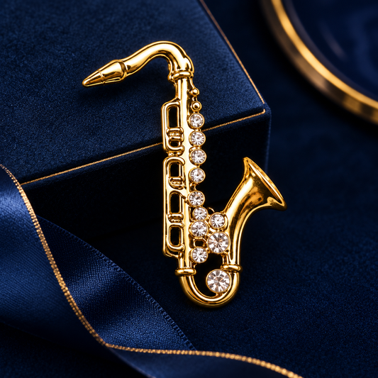 Gold Alto Saxophone Pin with Rhinestones