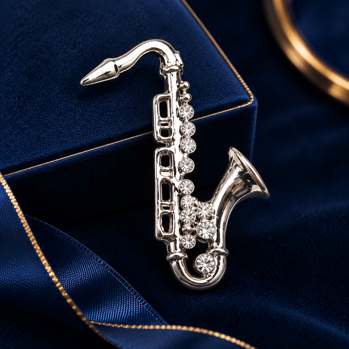 Silver Alto Saxophone Pin with Rhinestones