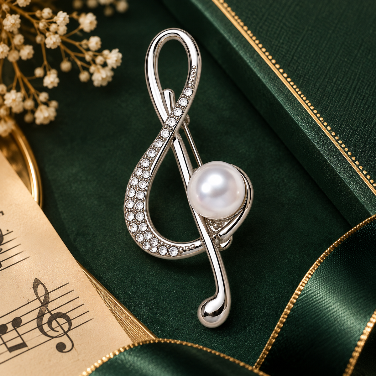 Silver Treble Clef Pearl Pin