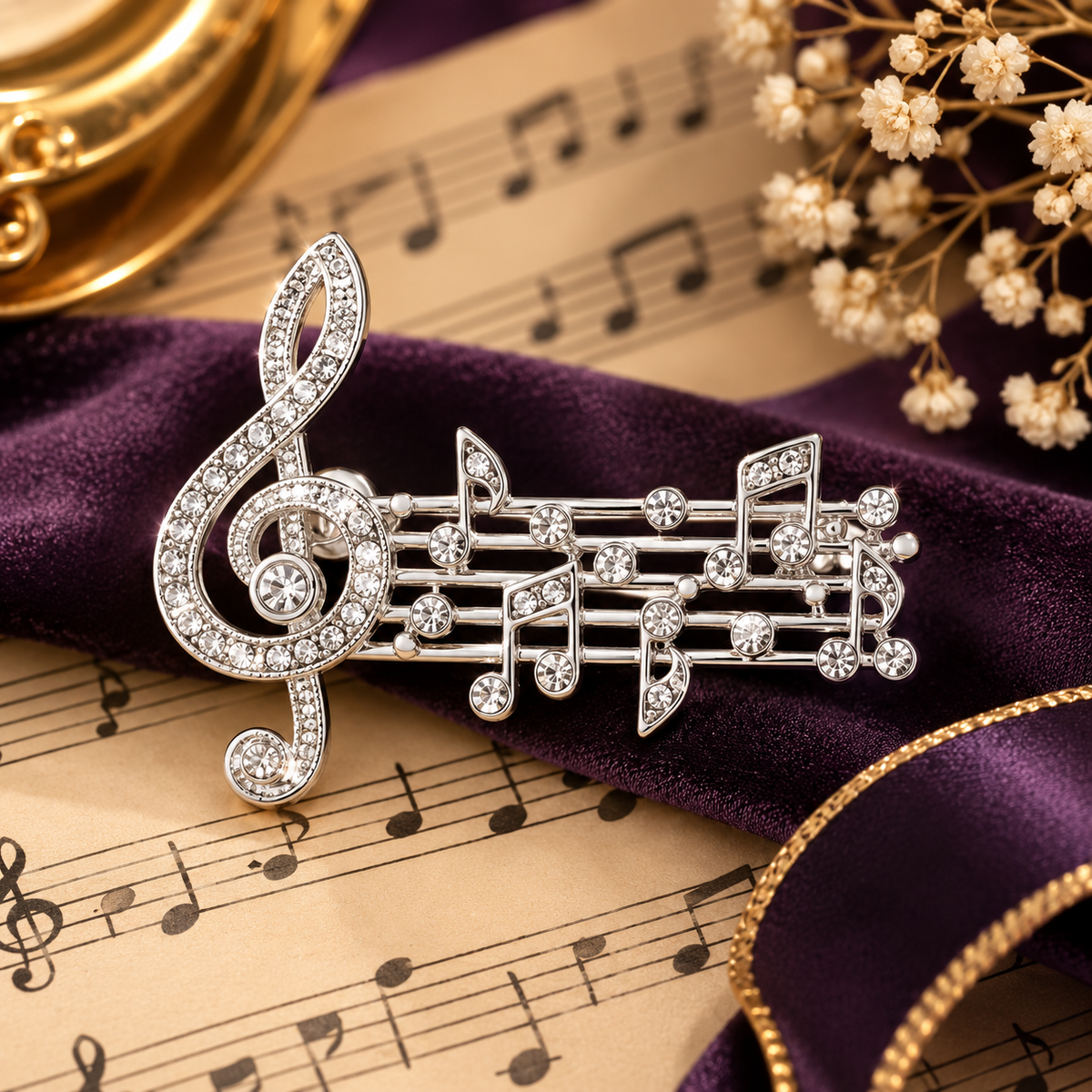 Silver Rhinestone Treble Clef Stave
