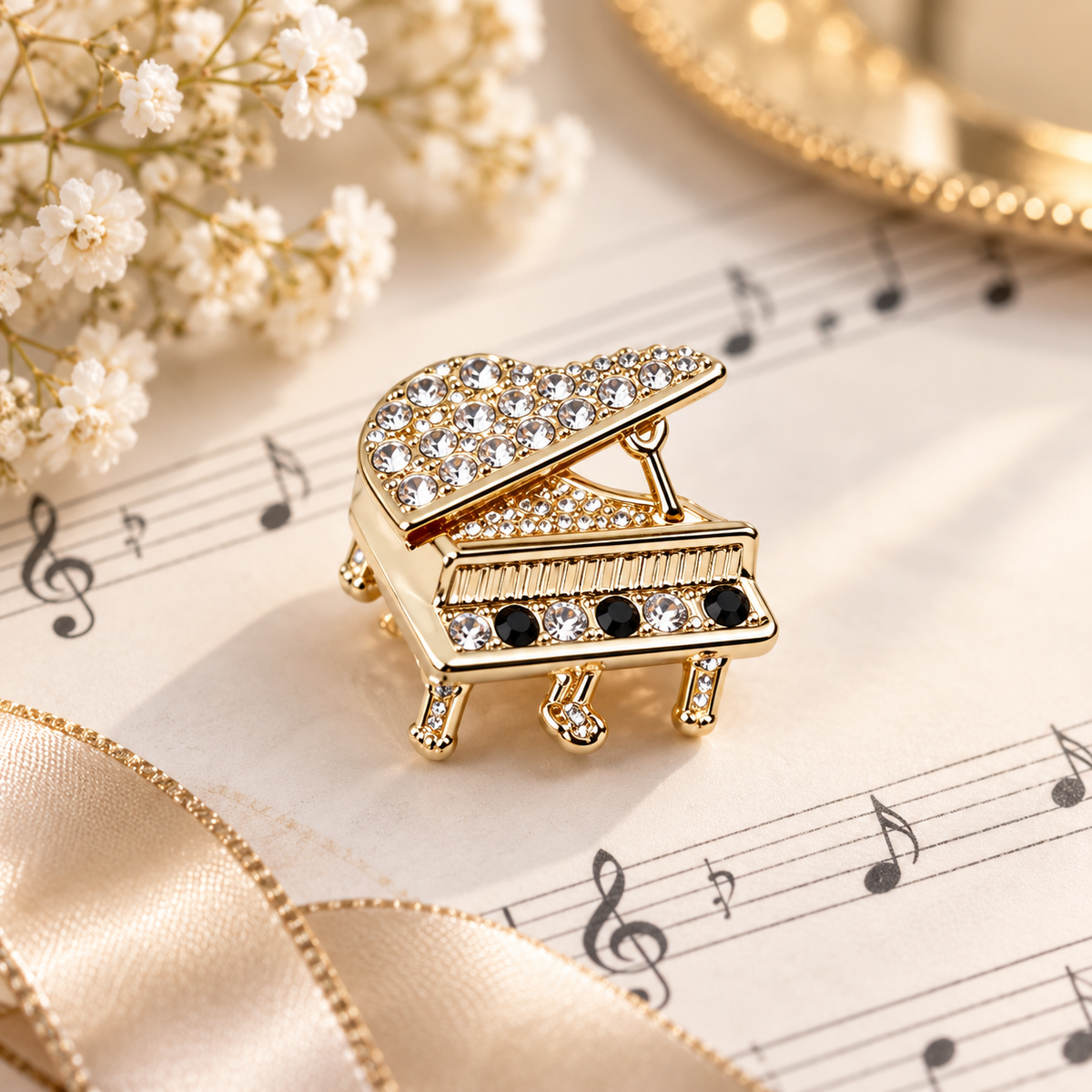 Gold Rhinestone Grand Piano Mini Pin
