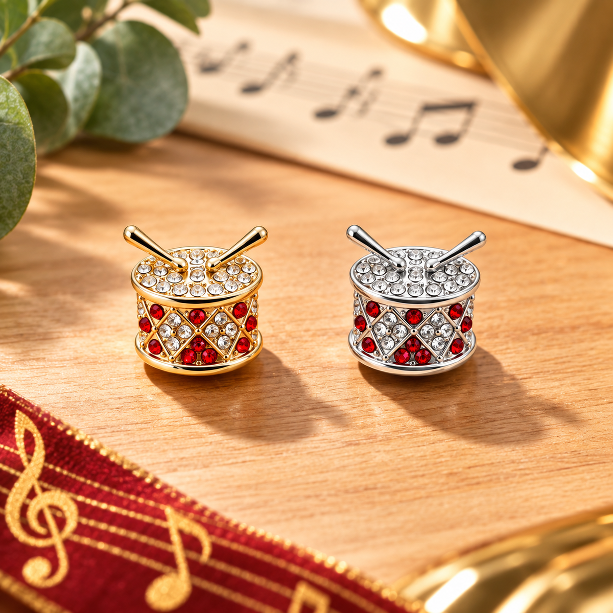 Gold Rhinestone Snare Drum Mini Pin