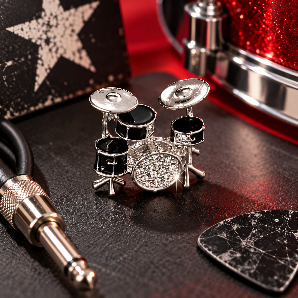 Black and Silver Rhinestone Drum Kit Pin