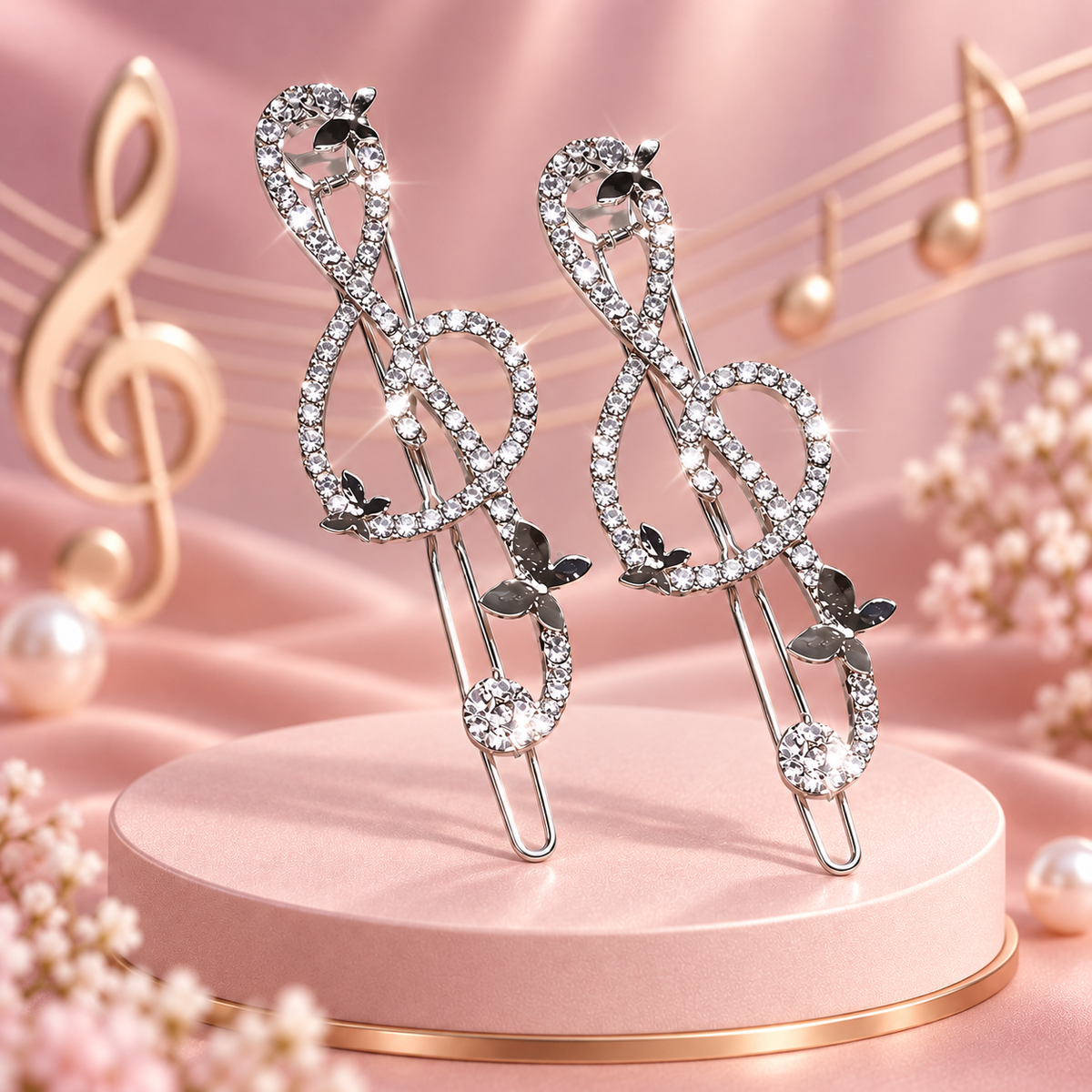 Silver Rhinestone and Butterly Treble Clef Hair Pin (2 Pack)