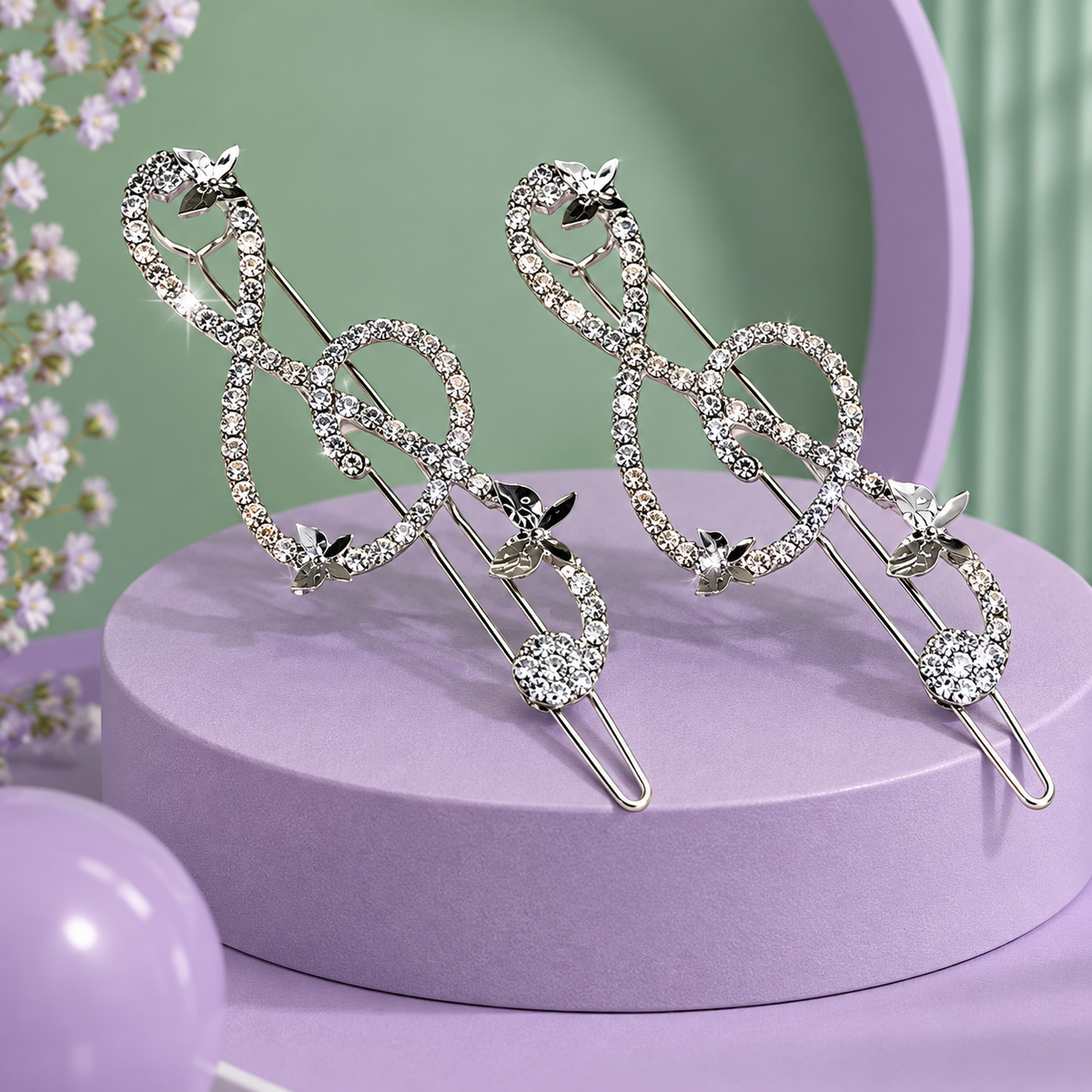 Silver Rhinestone and Butterly Treble Clef Hair Pin (2 Pack)