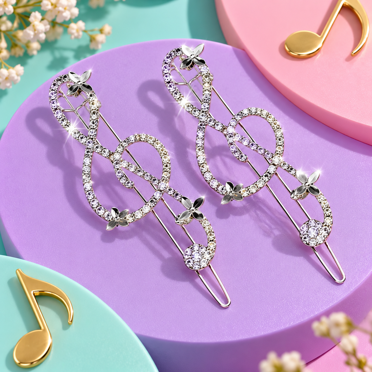 Silver Rhinestone and Butterly Treble Clef Hair Pin (2 Pack)