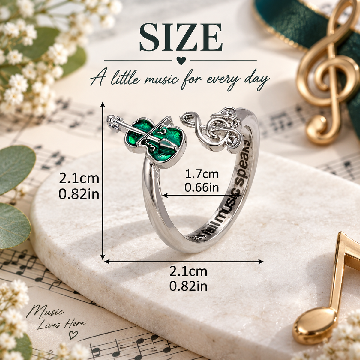 Green Violin and Treble Clef Silver Open Ring