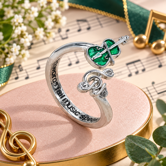 Green Violin and Treble Clef Silver Open Ring