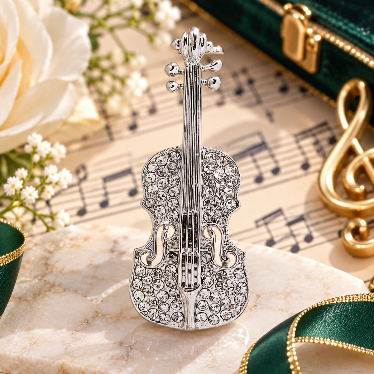 Silver Rhinestone Violin Enamel Pin