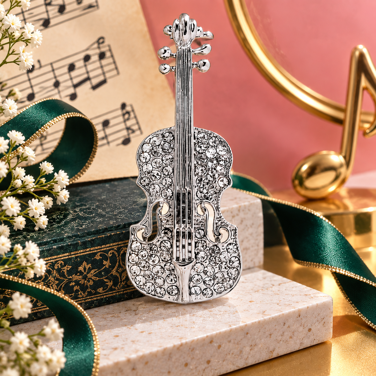 Silver Rhinestone Violin Enamel Pin